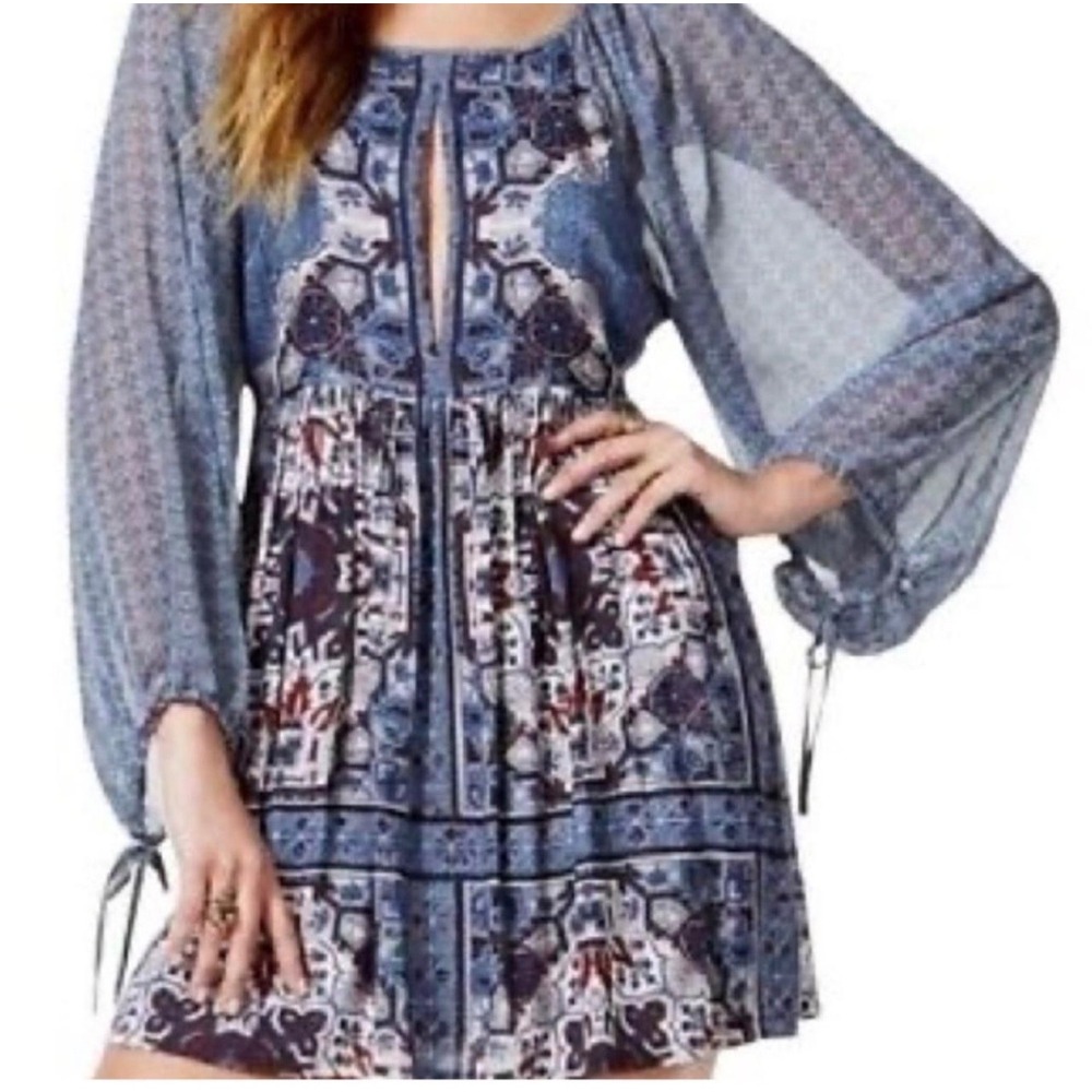 Free People Oskana Mini Dress Sz 12 Blue Boho Tile Print Balloon Sleeve Keyhole